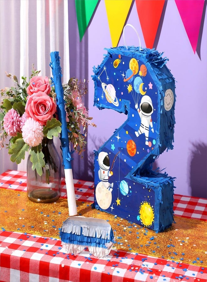 Jexine 3 Pcs 16'' Outer Space Number 2 Piñata Plastic Solar System Number Two Piñata with Blindfold Bat, Confetti for Boy Outer Space Theme 2nd Birthday Celebration Party Supplies - Image 4